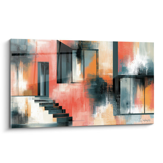 Escalier anthracite et ouvertures corail dans ce tableau architecture abstraite texturé