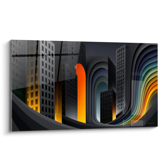 Gratte-ciel anthracite et orange vif traversés d'arches bleu marine et vert sauge, ligne graphique