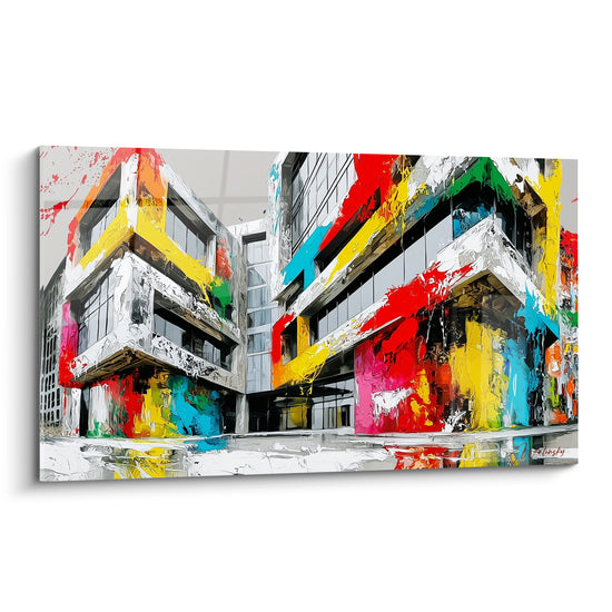 Immeuble architecture abstraite gris avec éclaboussures rouge, jaune et turquoise en pleine composition