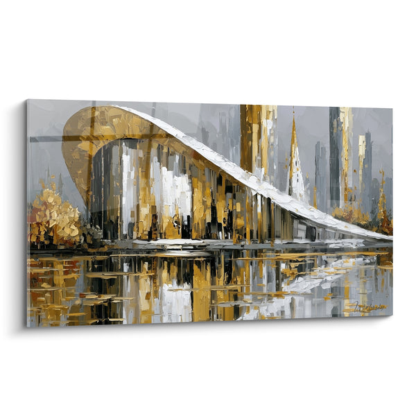 Tableau Pont incurvé blanc et doré sur l'eau - Flèche argentée en fond - Edition Architecture abstrait