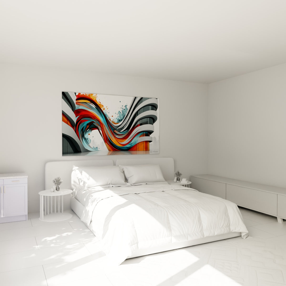 Rubans orange et turquoise fusionnant sur une façade grise, œuvre au-dessus d'un lit dans une chambre claire