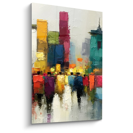 Tableau Silhouettes urbaines aux teintes fauve et turquoise - Marche citadine - Edition Architecture abstrait