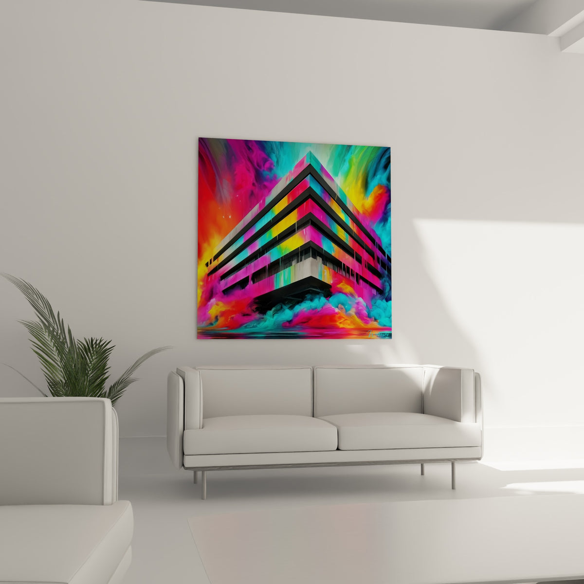 Structure noire et jaune éclatante ruisselante de peinture colorée, au-dessus d'un canapé dans un salon lumineux