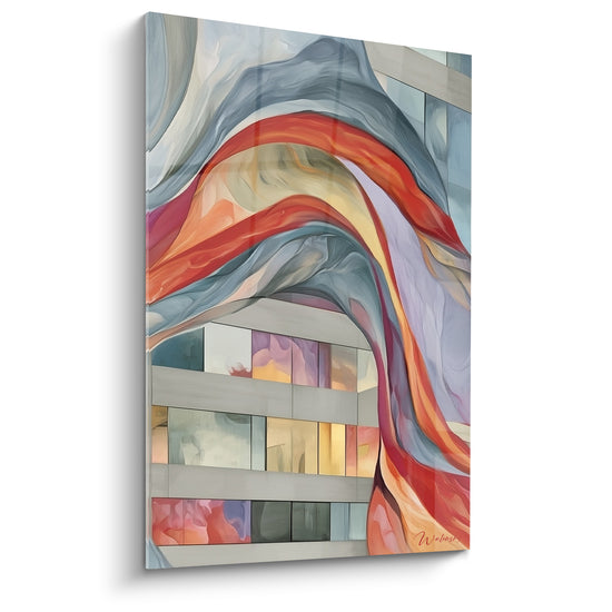 Tableau Immeuble gris et rouge à voile ondulante - Panneaux vitrés colorés - Edition Architecture abstrait