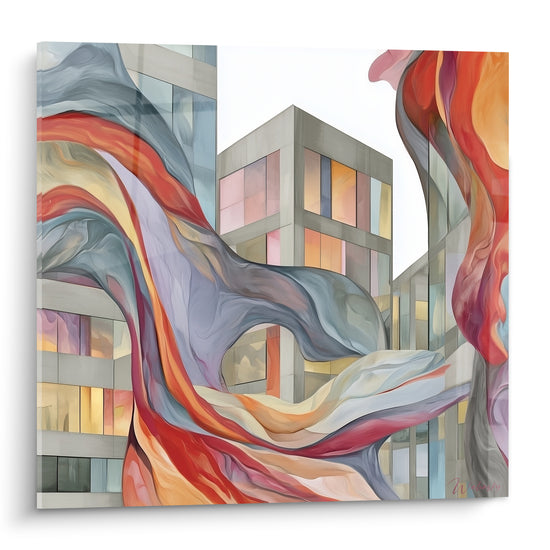 Immeubles gris traversés de vagues rouge terracotta et bleu ardoise, style architecture abstraite