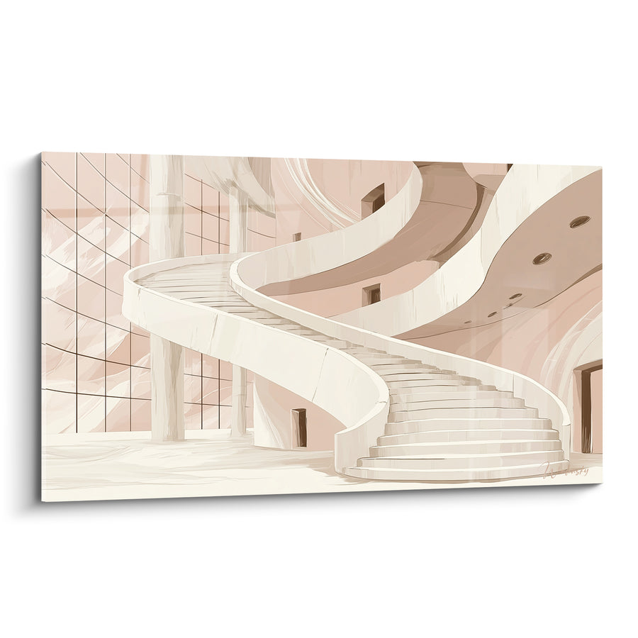 Tableau Escalier blanc rosé aux courbes sculptées - Ascension monumentale - Edition Architecture