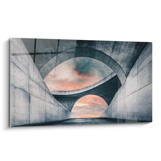 Tableau architecture futuriste béton avec ouvertures circulaires et ciel dramatique coloré perspective moderne