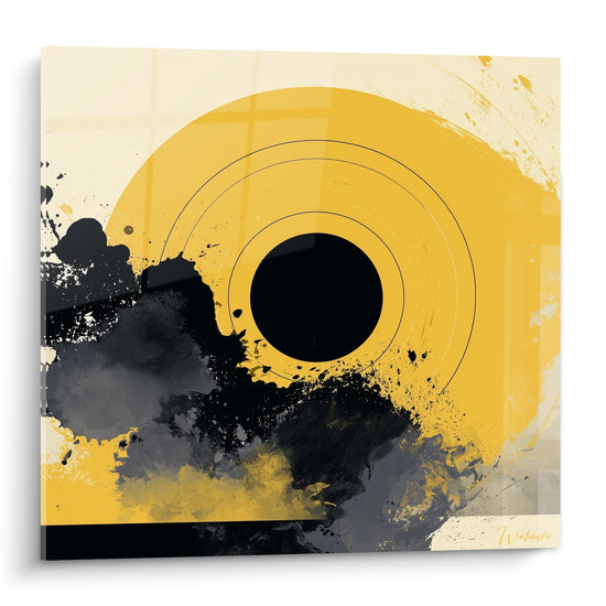 Cercle jaune moutarde et noir profond, éclaboussures anthracite, composition abstraite éclatante