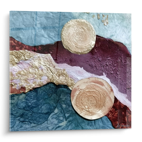 Deux cercles dorés reposent sur fond pourpre et bleu marine texturé, style artistique abstrait minéral.