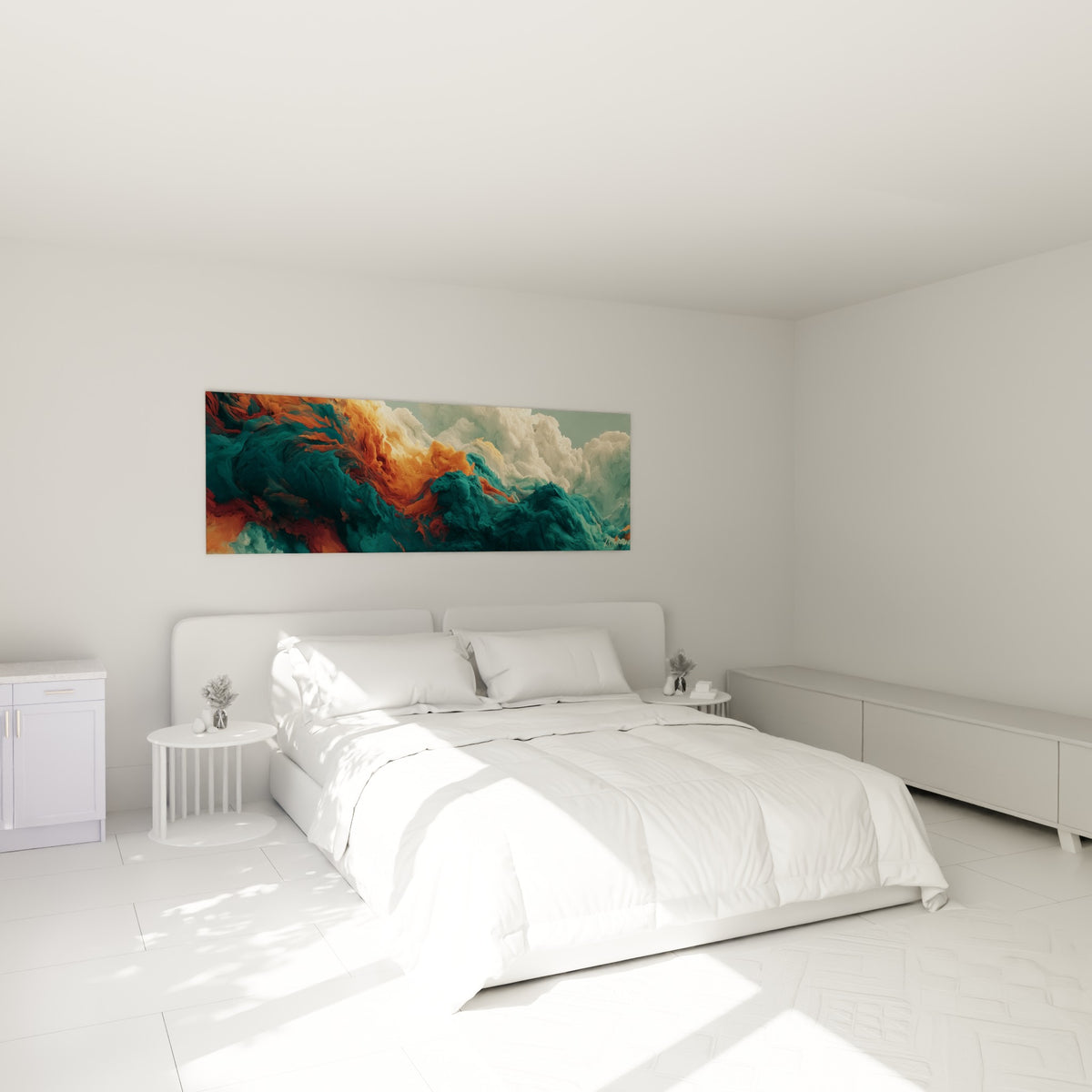Masses nuageuses turquoise et orangées suspendues au-dessus d'un lit dans une chambre claire et lumineuse