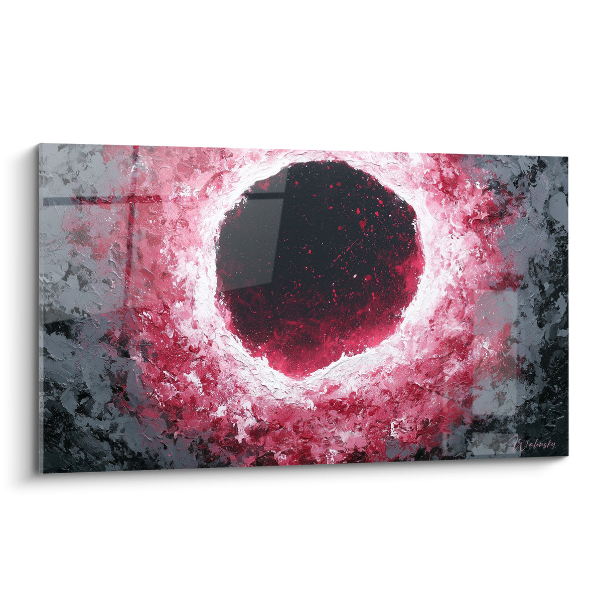 Cercle noir profond cerné de rouge vif et blanc, texture épaisse façon éclipse abstraite
