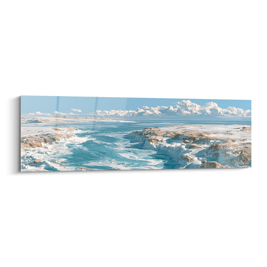 Lagon turquoise et falaises sable en tableau panoramique côtier peint à larges touches picturales