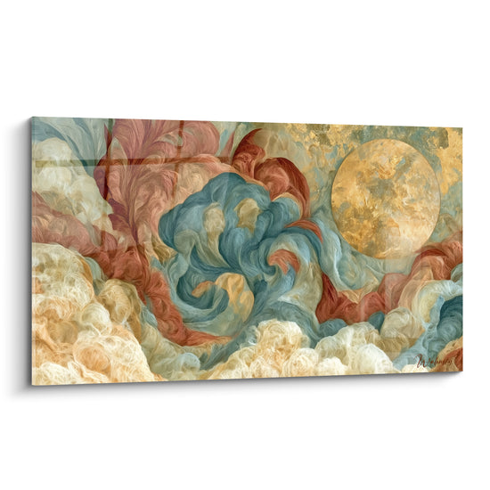 Lune dorée entourée de vagues bleu sarcelle et terracotta, tableau artistique abstrait en plein cadre