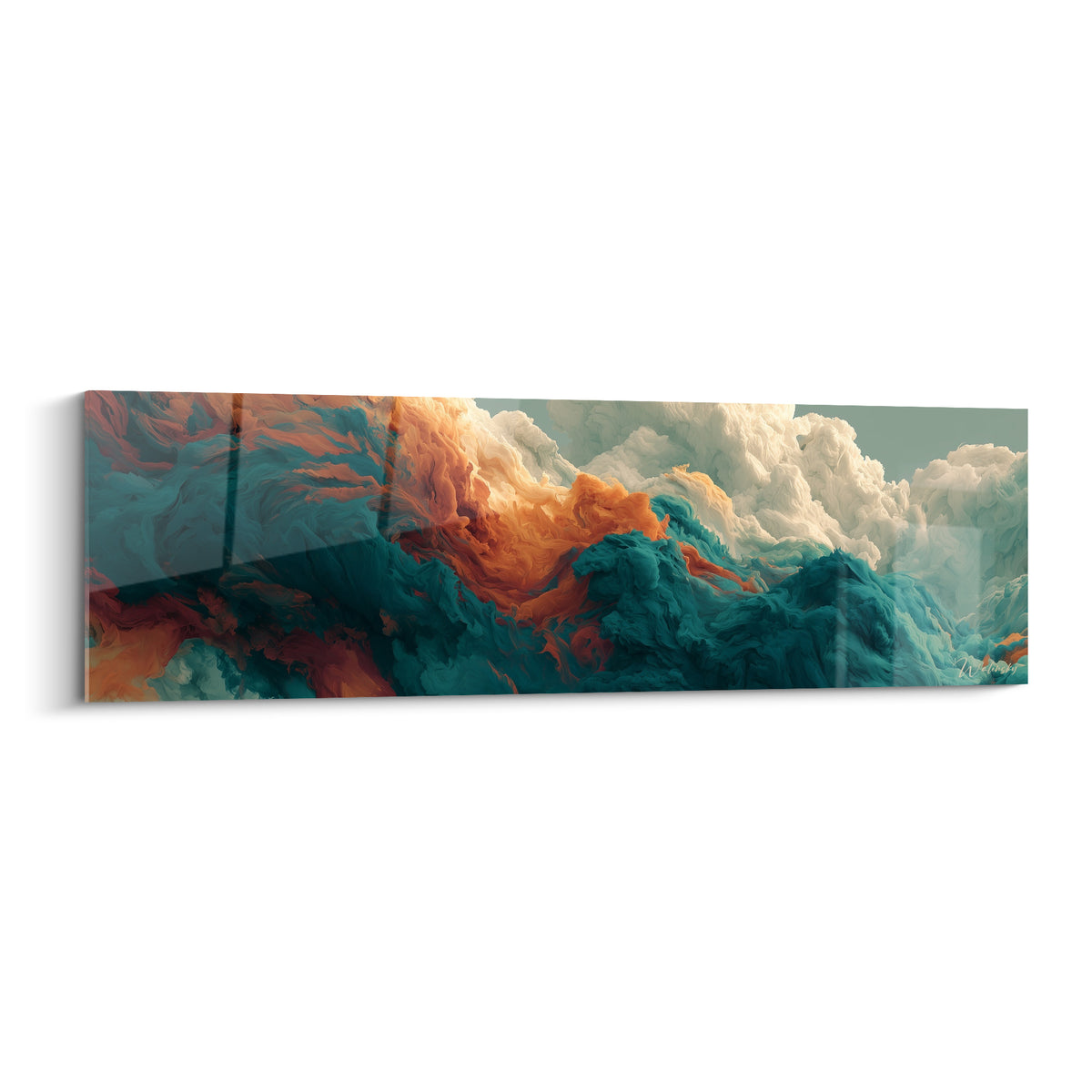 Nuages ocre et turquoise s'embrasent dans un tourbillon spectaculaire, tableau abstrait aux textures épaisses