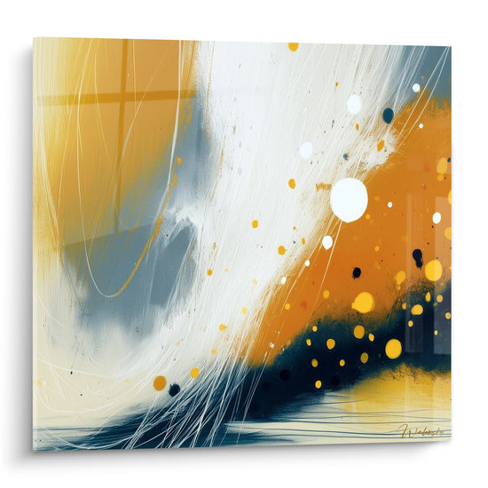Éclaboussures ocre et bleu marine se croisent en diagonale, cercles blancs lumineux et traits vifs, tableau artistique abstrait