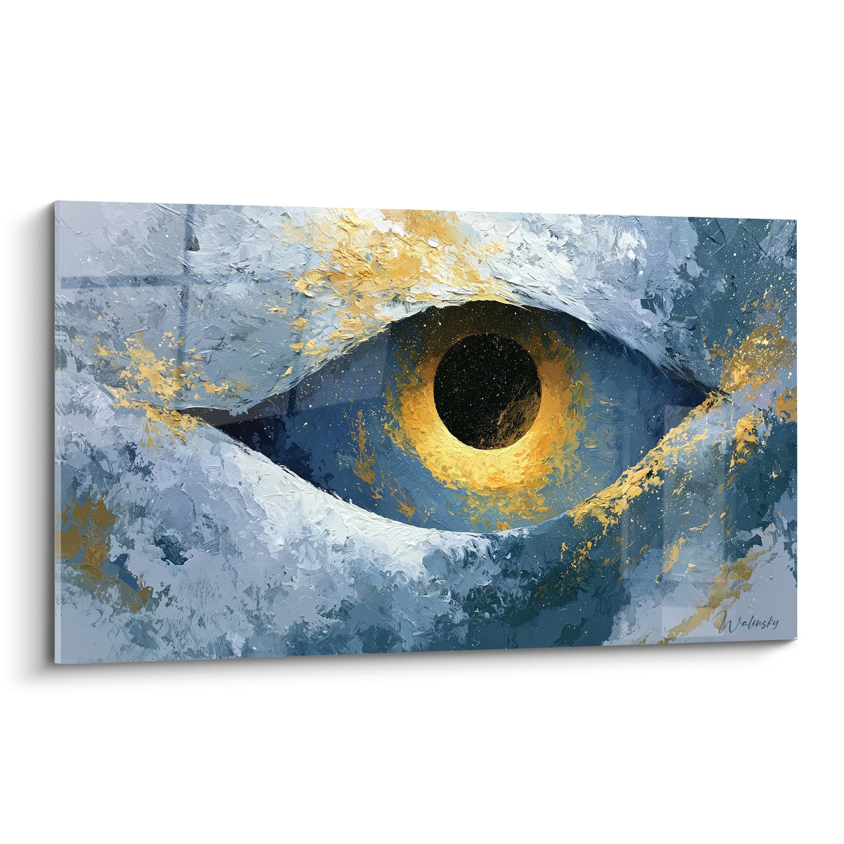 Œil géant bleu ardoise et doré peint en larges empâtements sur toile abstraite lumineuse