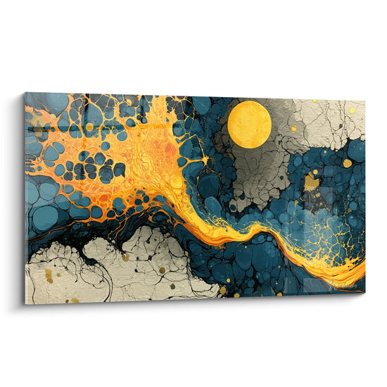Coulée dorée sinueuse traversant des cellules bleu pétrole sur ce tableau artistique abstrait texturé