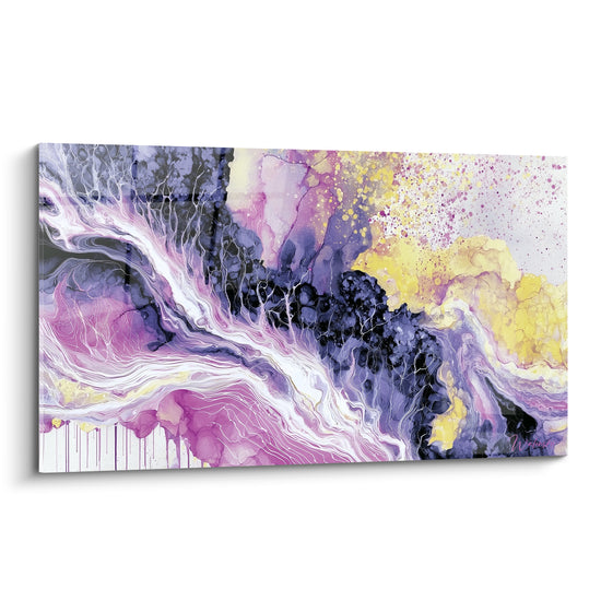 Coulée artistique abstrait rose fuchsia et jaune doré traversant un fond anthracite texturé