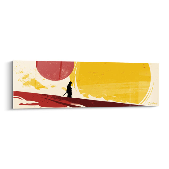 Samouraï en silhouette noire marchant entre un soleil rouge et jaune ocre, style artistique abstrait