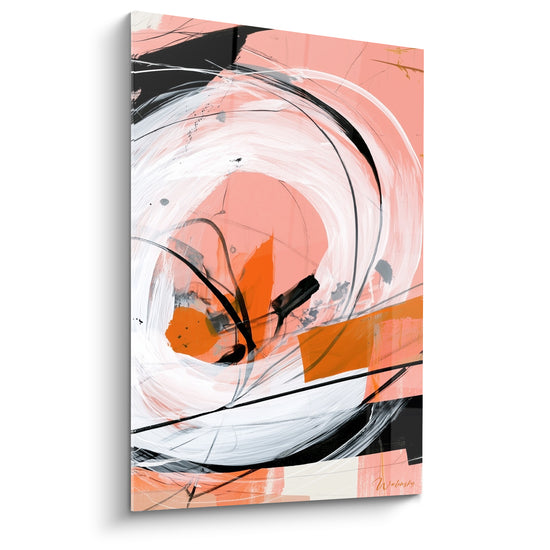 Spirale blanche et corail traversée de traits noirs sur toile artistique abstraite expressive