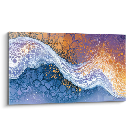 Vague cellulaire bleu marine et orange traverse cette toile abstraite en pleine lumière