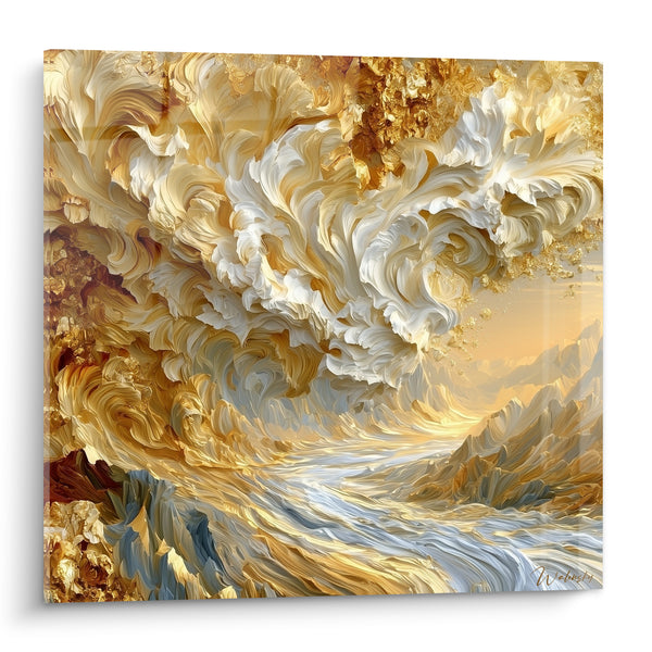 Tableau Vague dorée aux volutes blanches - Souffle suspendu - Edition Artistique abstrait