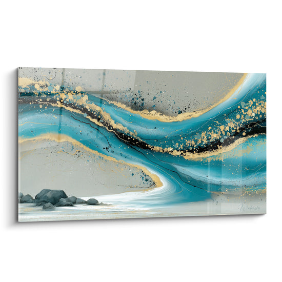 Vague turquoise et dorée traversant un fond gris, rochers anthracite et écume blanche en bas de toile