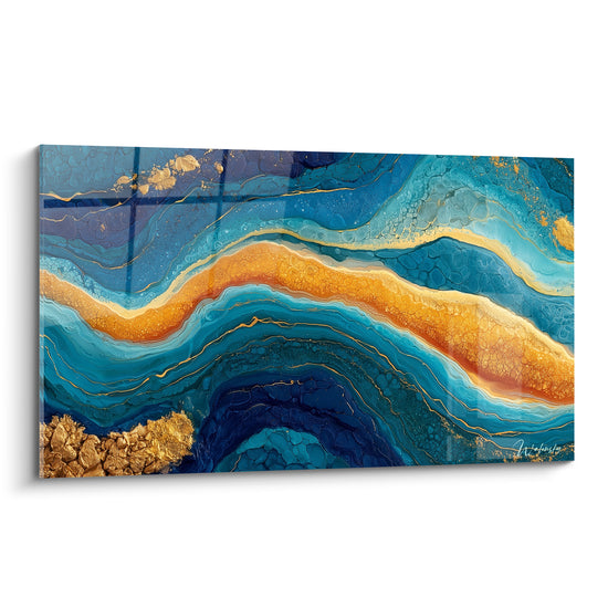 Vagues bleu marine et dorées en effet marbré, motif artistique abstrait aux reflets cuivrés lumineux