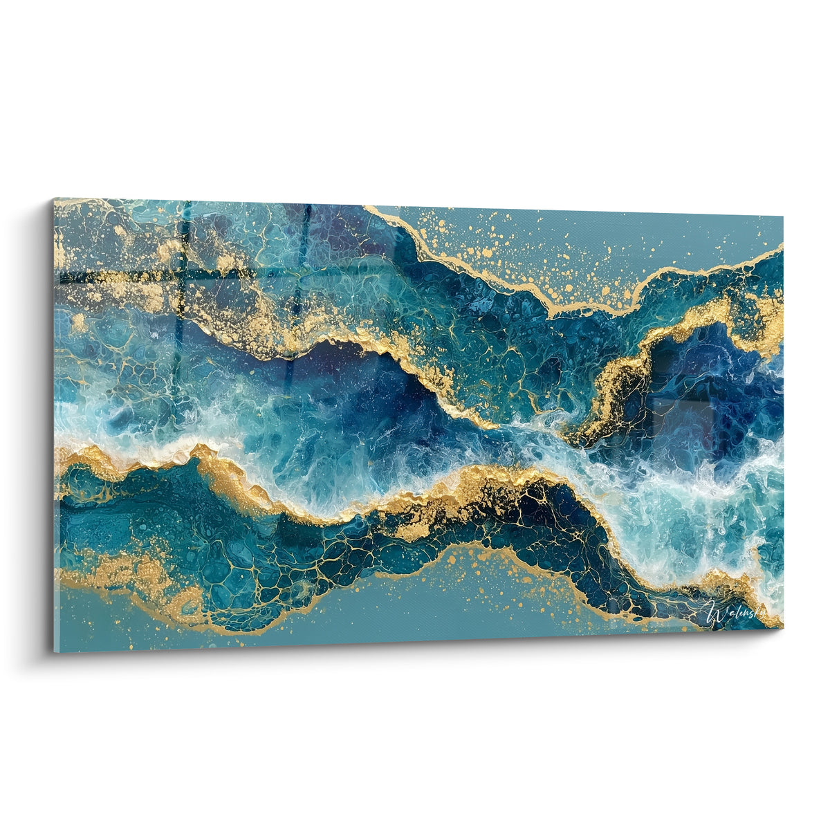 Vagues bleu marine et turquoise aux veines dorées, mouvement fluide façon marbrure marine
