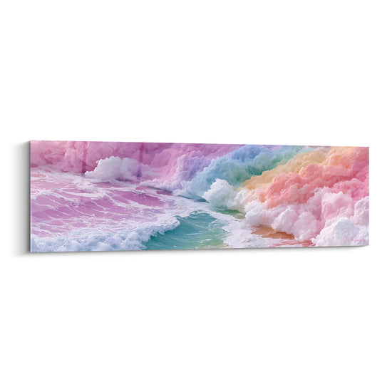 Vagues déferlantes rose pastel et turquoise, écume blanche vaporeuse, style artistique abstrait onirique