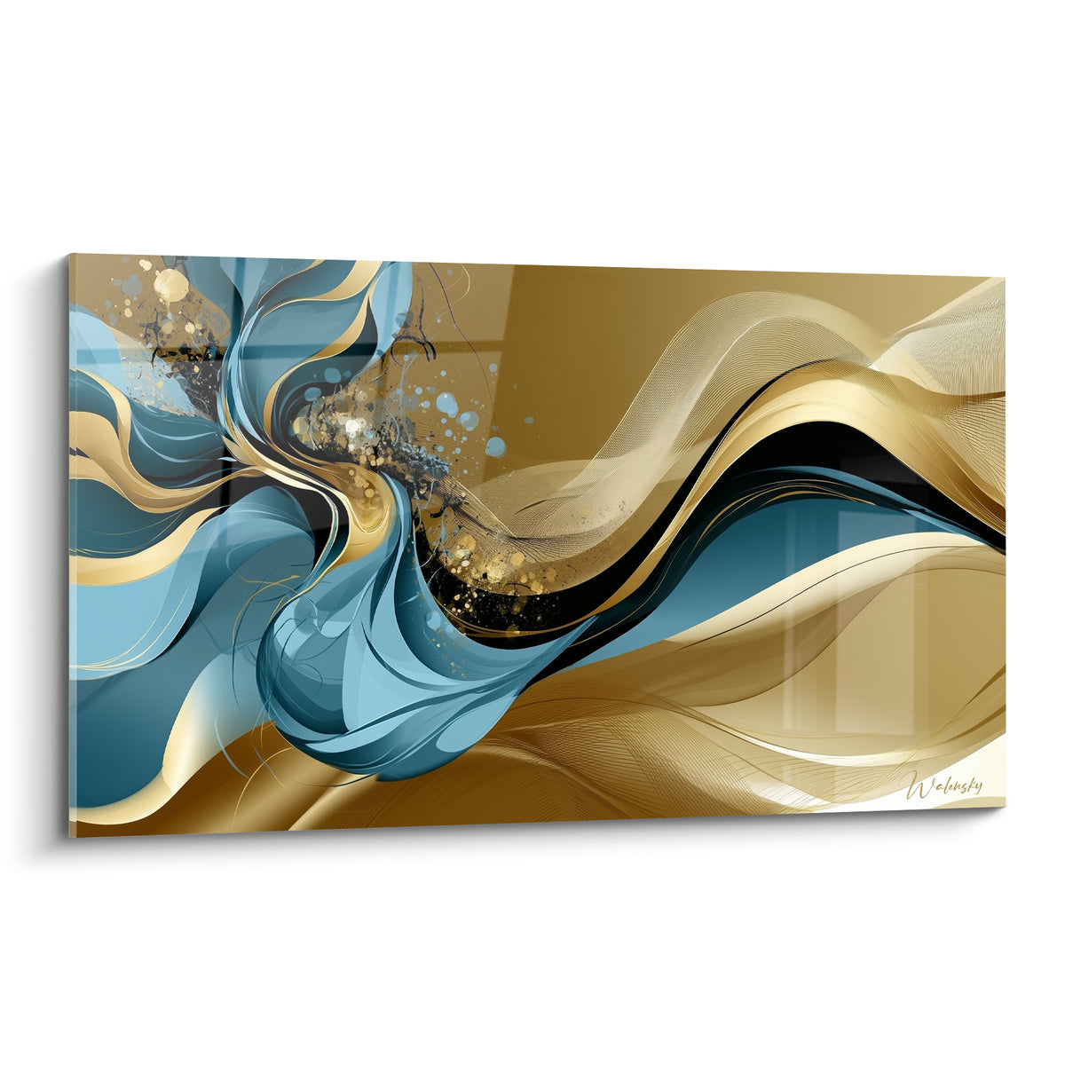 Vagues bleu turquoise et doré s'entrelaçant en volutes fluides sur fond crème abstrait