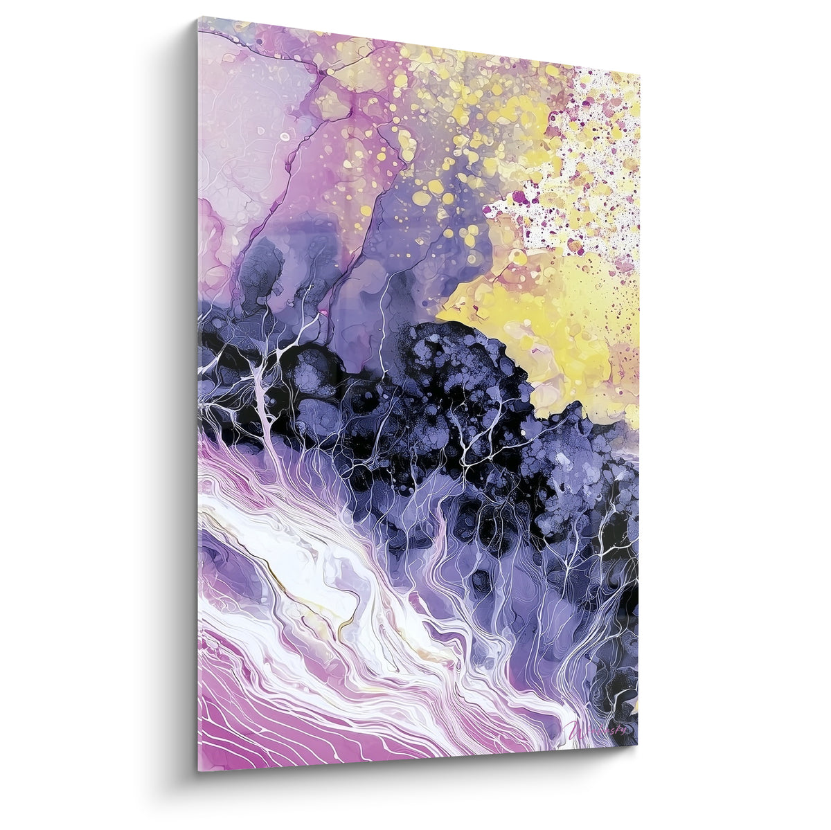 Tableau artistique abstrait violet, doré et anthracite, silhouette ramifiée traversant une composition fluide