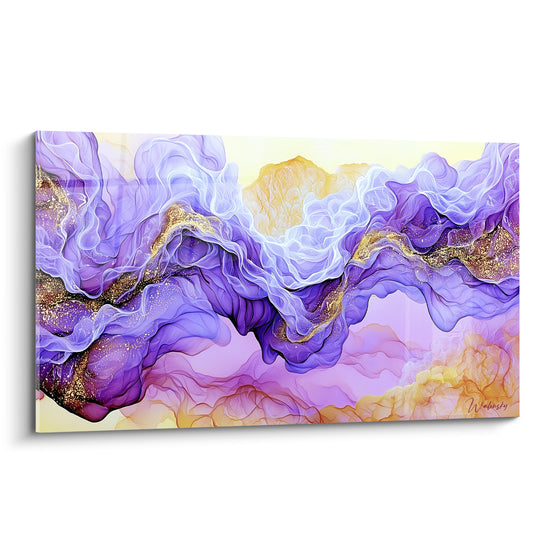 Volutes violettes et dorées fusionnant en vagues fluides sur fond jaune pâle lumineux