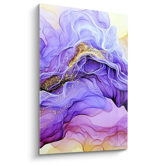 Tableau Volutes violettes et dorées aux veines soyeuses - Encre fluide marbrée - Edition Artistique abstrait