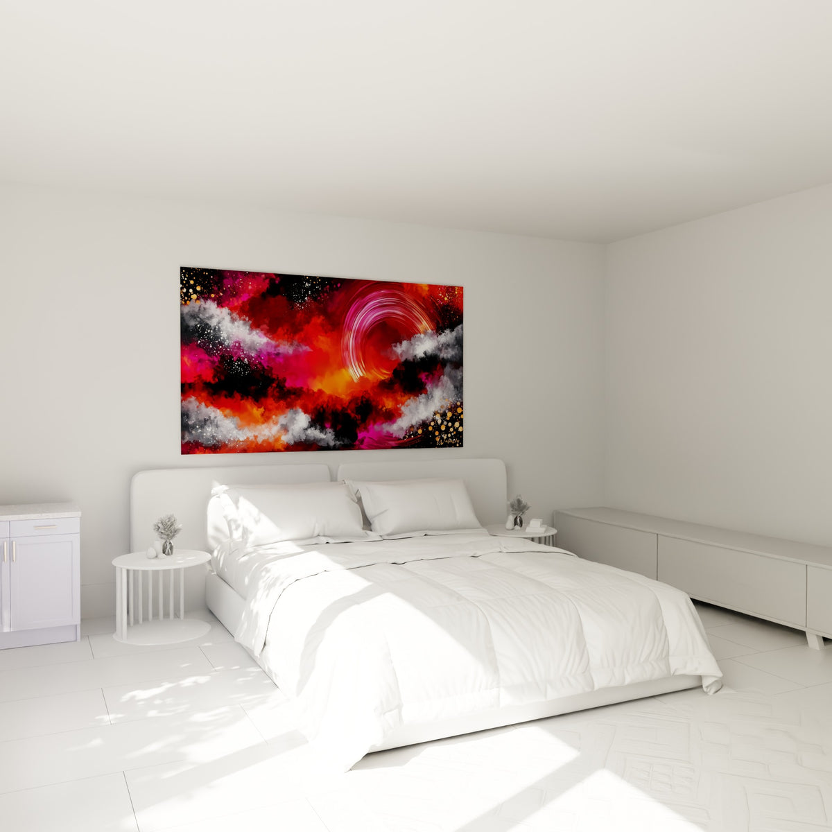 Vortex rouge et pourpre entouré de fumées anthracite, au-dessus d'un lit dans une chambre claire
