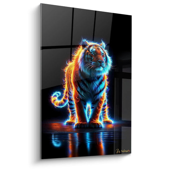 Un tableau d'animal montrant un tigre au corps illuminé de couleurs néon orange et bleu électrique sur fond noir. La texture du pelage apparaît comme des filaments lumineux ondulants. Des reflets colorés se projettent sur la surface brillante sous l'animal.
