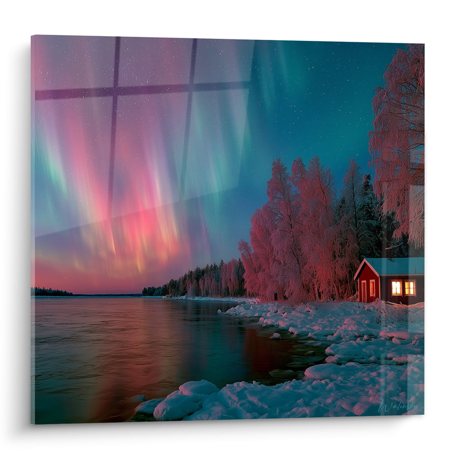 Tableau Cabane rouge sous ciel rose et vert - Refuge polaire - Edition Aurore boréal