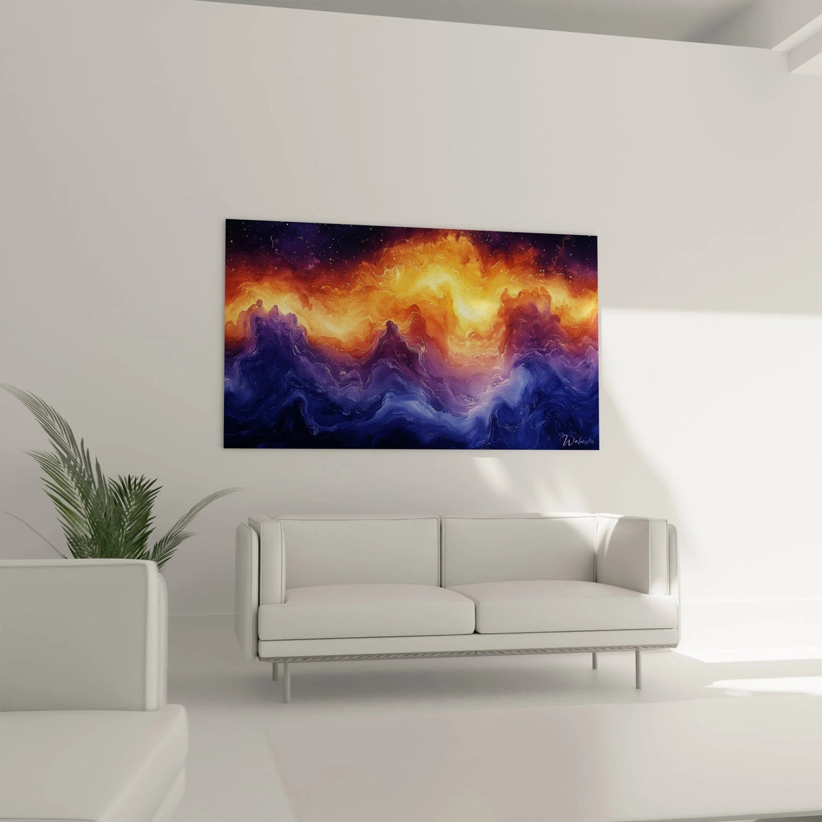 Tableau expressionniste abstrait de Walensky représentant des couleurs vibrantes orange et bleu