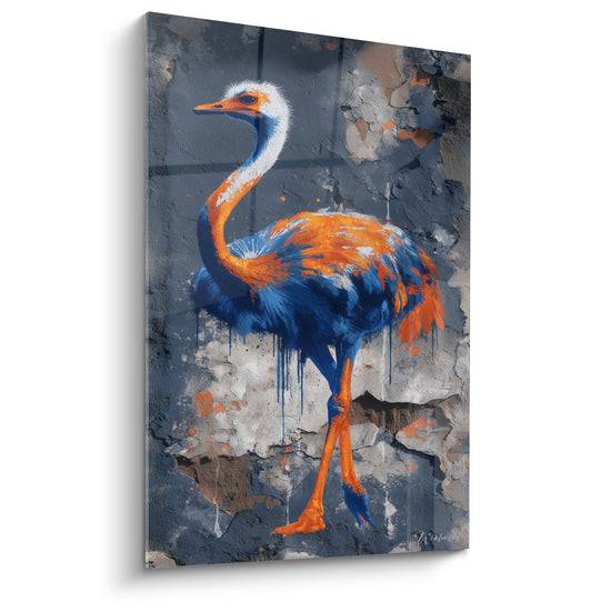 Tableau d'art moderne autruche bleue orange fond grunge texture urbaine peinture dégoulinante contemporain
