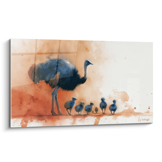 Tableau aquarelle autruche mère avec poussins tons orangés et bleus style artistique famille