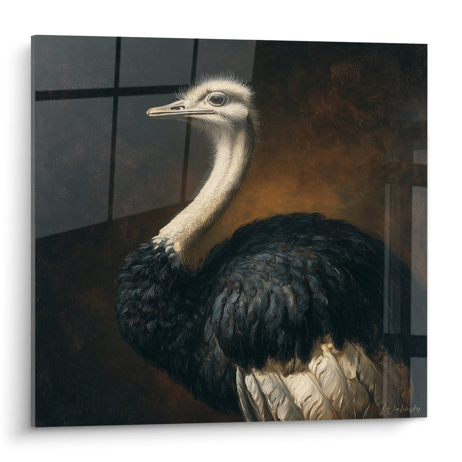 Tableau Autruche Majestueuse aux Plumes Noires et Cou Beige dans Intérieur Sombre - Portrait Noble - Edition Autruche