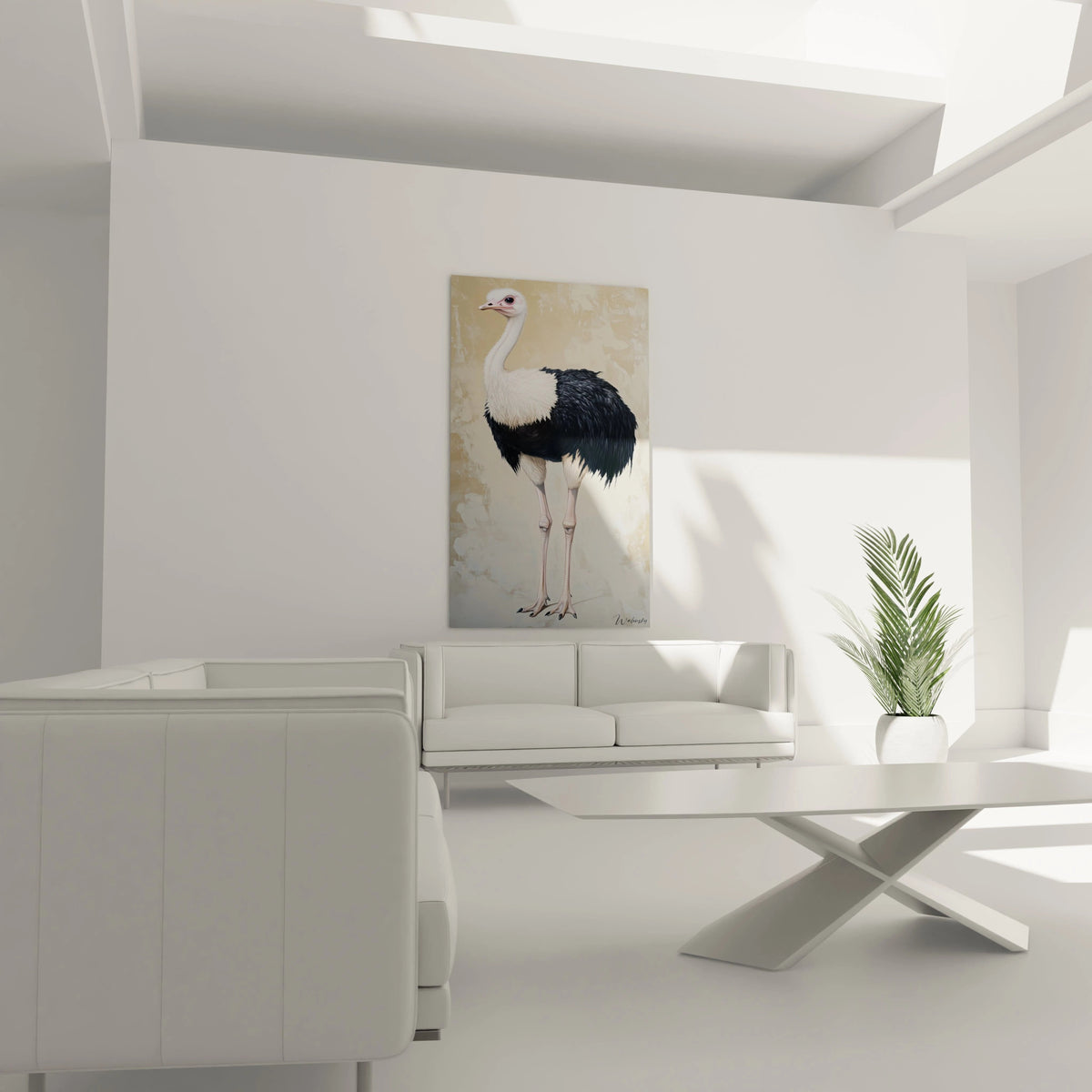Un tableau artistique abstrait d'une autruche majestueuse au plumage bicolore, capturant le contraste saisissant entre son cou blanc duveteux et son corps aux plumes noires lustrées, sur fond beige patiné.
