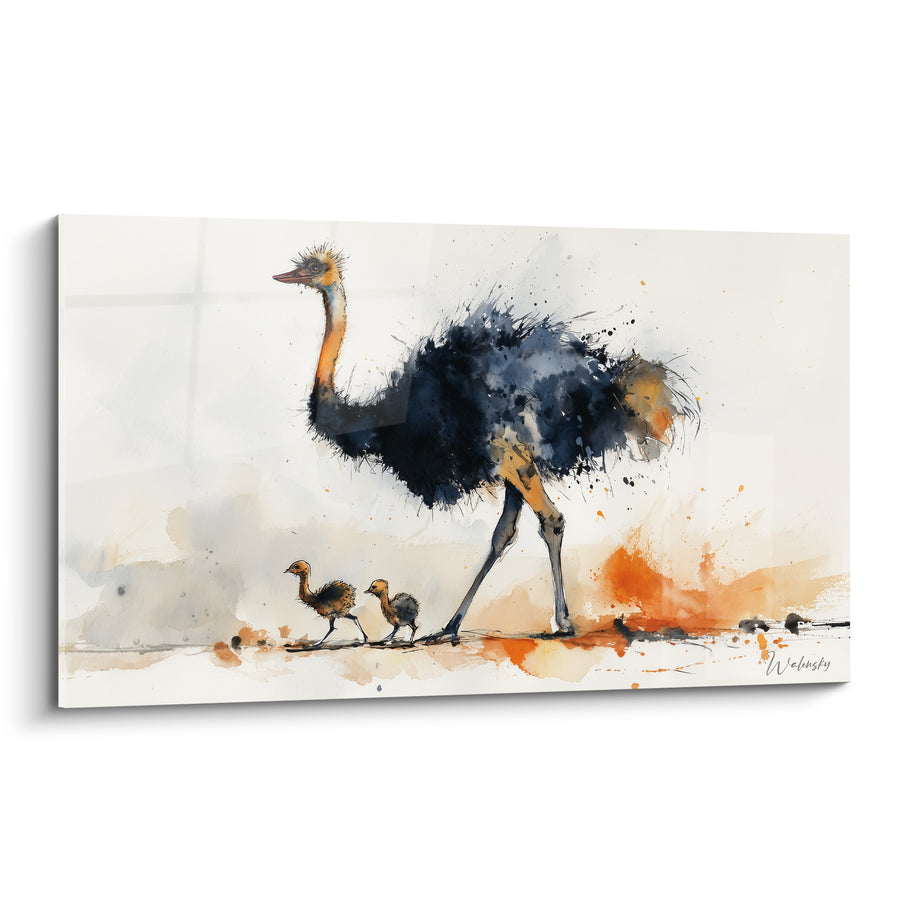 Tableau Autruche noire et orange avec ses poussins - Famille en marche - Edition Autruche