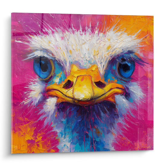 Tableau Autruche aux Yeux Bleus sur Fond Rose et Orange - Regard Expressif - Edition Autruche