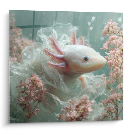 Tableau Axolotl blanc aux branchies roses entouré de dentelle et fleurs - Rêverie Aquatique - Edition Axolotl