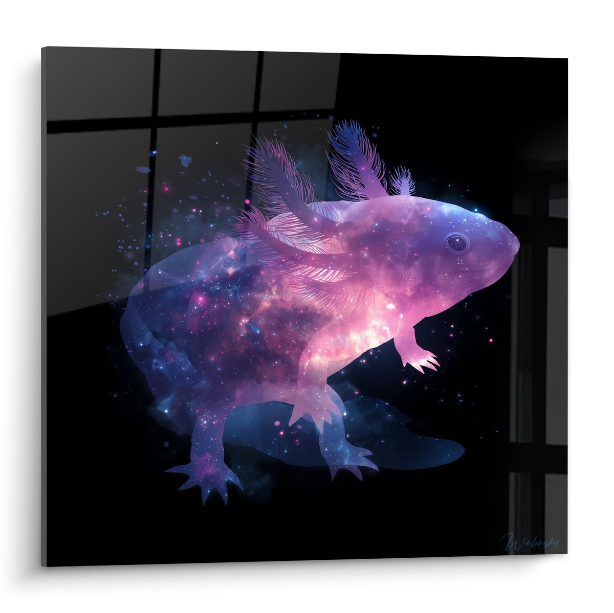 Tableau axolotl cosmique violet rose avec étoiles dorées scintillantes sur fond noir galactique