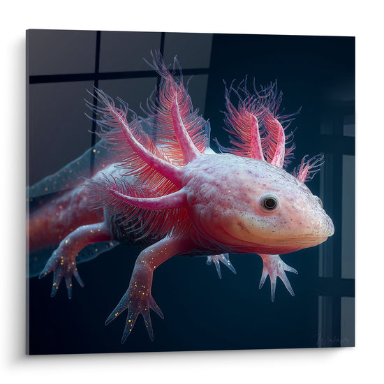 Tableau axolotl rose aux branchies colorées dans aquarium sombre - art contemporain faune aquatique