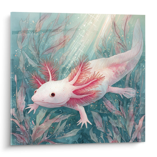 Tableau Axolotl Rose aux Branchies Corail dans Jardin Aquatique Turquoise - Merveille Sous-Marine - Edition Axolotl
