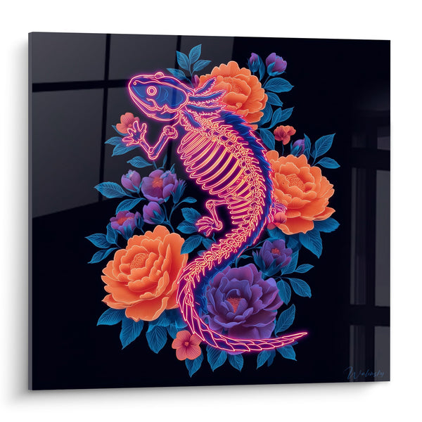 Tableau Squelette d'Axolotl Néon Rose et Fleurs Peonies Oranges et Violettes - Anatomie Florale - Edition Axolotl