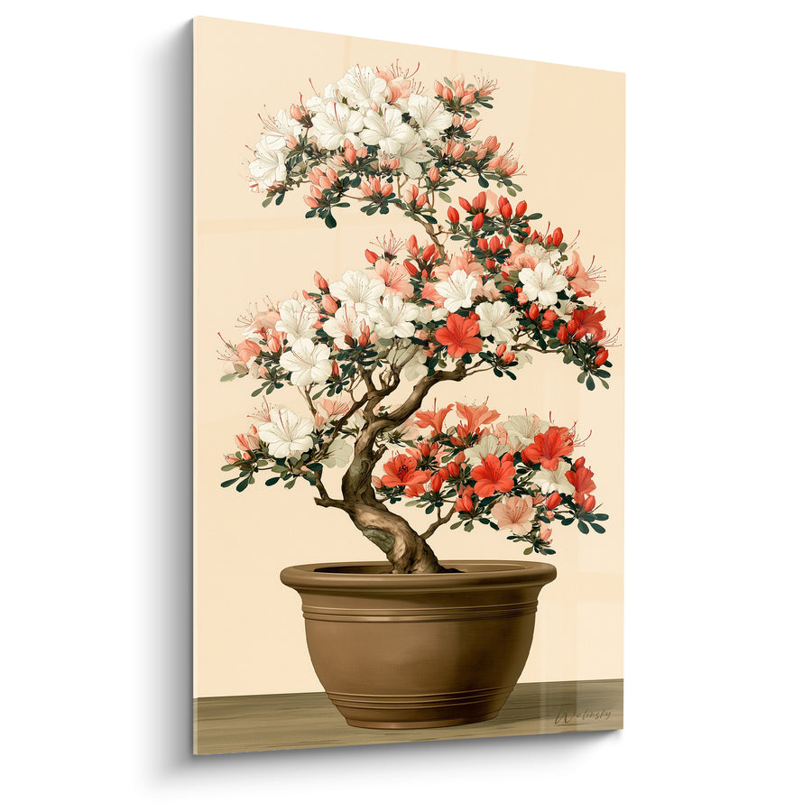 Tableau Bonsaï blanc et corail en pot brun - Tronc noueux courbé - Edition Azalée